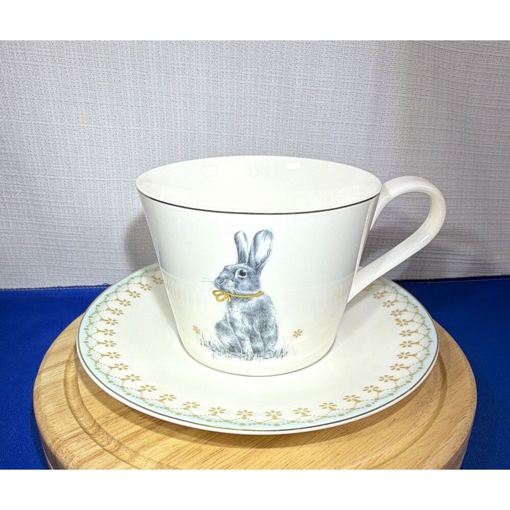 Spode Meadow Lane Teacup & Saucer Set Fine Porcelain Bunny Rabbit Gold Accent